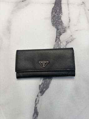 Prada Black Saffiano Leather Long Wallet with Zipper Compartment